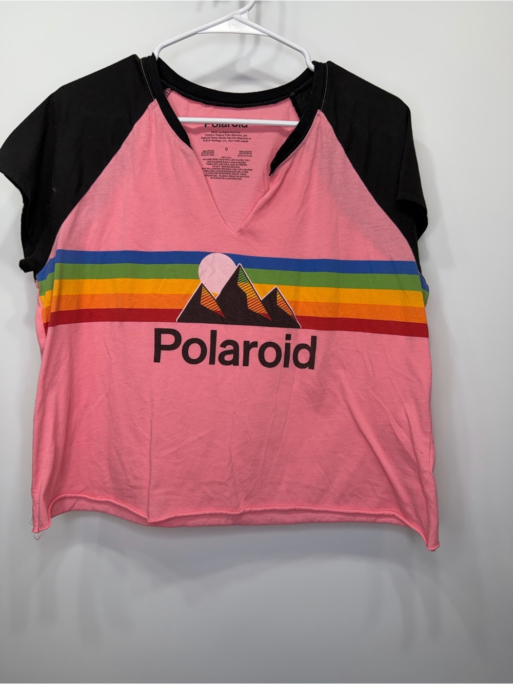 Polaroid Pink Tee with Rainbow Mountain Graphic and Black Raglan Sleeves